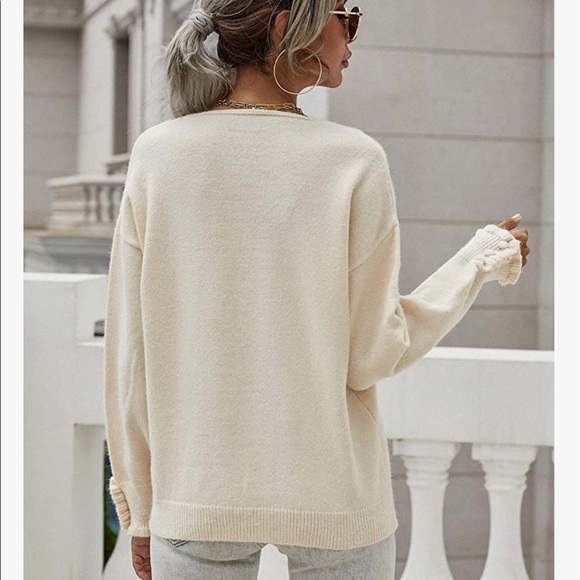 Cream V-neck Button Cuff Sweater - Picture 3 of 6